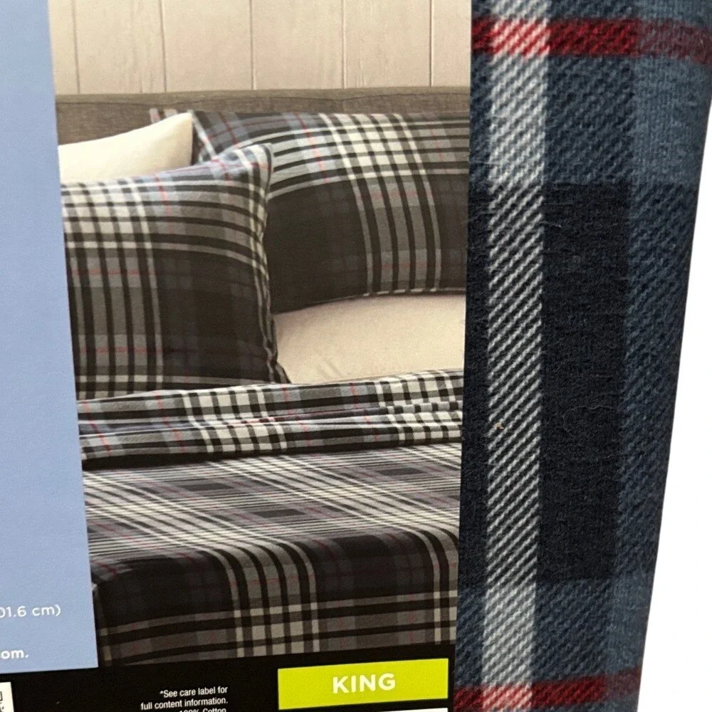 Cuddl Duds Blue and Red Plaid Flannel King Sheet Set Winter Fall GIFT NWT